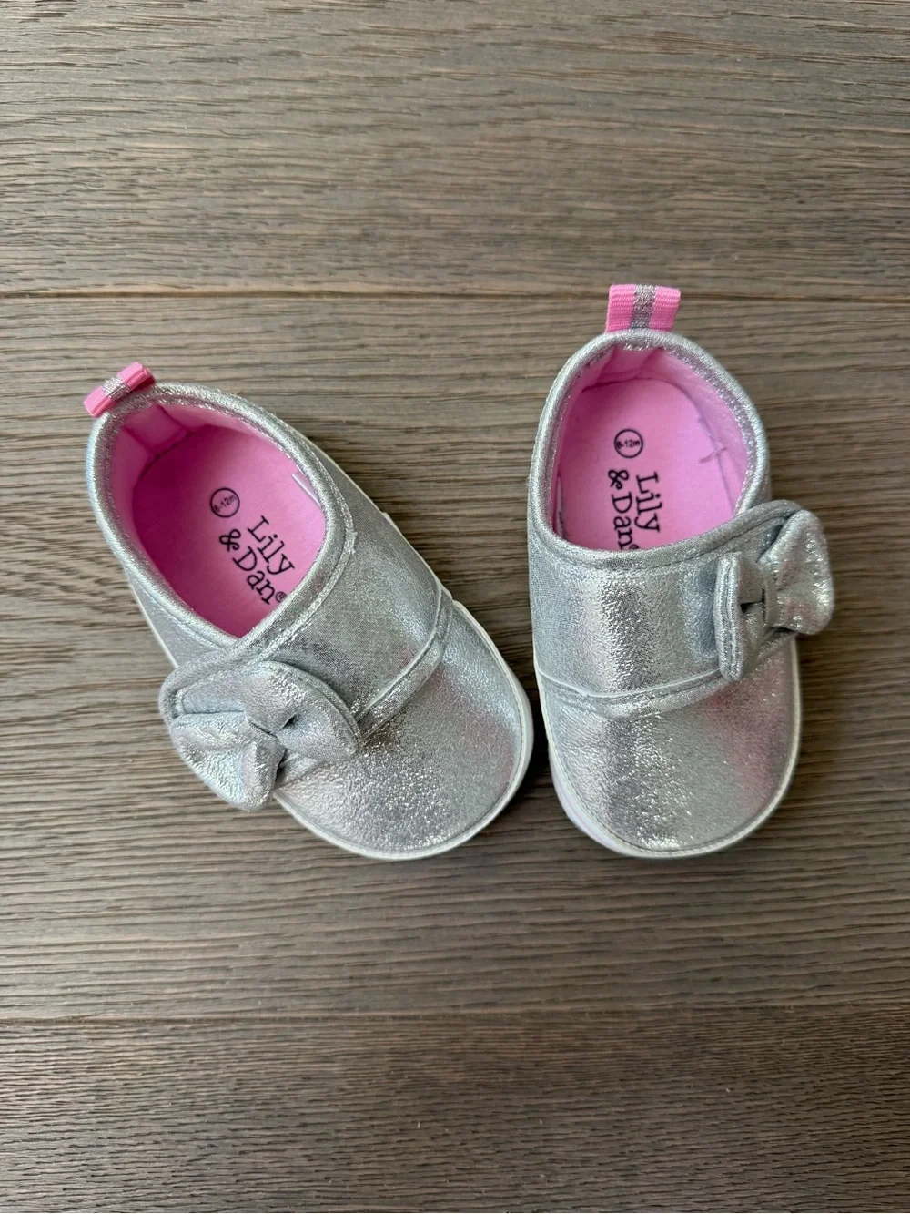 Lily & Dan Baby Silver Bow Slip-On Shoes with Pink Lining